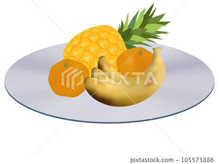 "Three kinds of fruits on a steel plate" Pineapple Mandarin Orange Banana 105573886