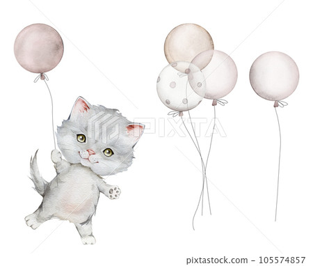 Set with little fluffy gray kitten and balloon. Watercolor hand drawn. Scottish fold isolated on white background. Spotted cat. Pet cartoon for kids, posters, stickers, textile. Set with little fluffy gray kitten and balloon. Watercolor hand drawn. Scottish fold isolated on white background. Spotted cat. Pet cartoon for kids, posters, stickers, textile. 105574857
