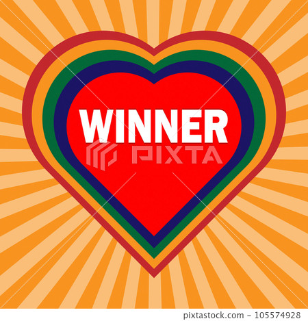 Red heart with inscription WINNER on orange rays background Red heart with inscription WINNER on orange rays background 105574928