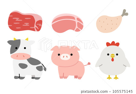 牛肉豬雞肉簡單可愛插畫 牛肉豬雞肉簡單可愛插畫 105575145