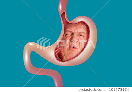 Stomach pain. Male suffering face isolated on blue background 105575174