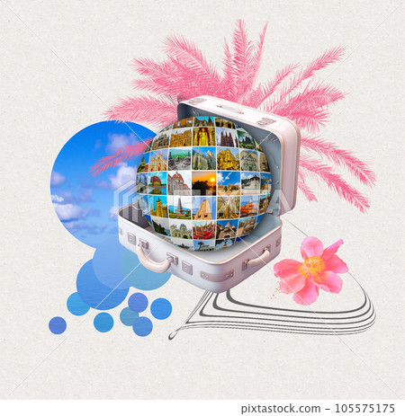 World religious and architecture monuments- collage or globe from different religions from Asia, Africa and Europe. Travel and tourism with famous world landmarks. 105575175