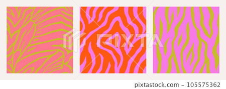 Bright Zebra and Butterfly Wings Seamless Patterns Set in Trendy Radiant Red, Cyber Lime and Pink Colors. 105575362