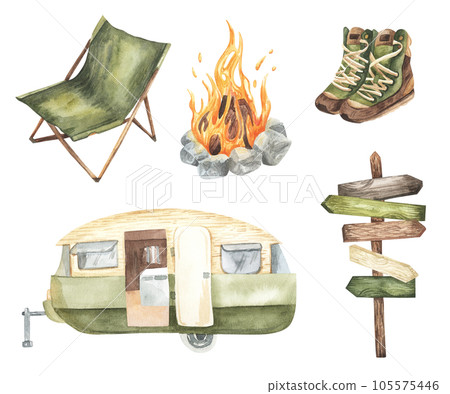 Watercolor camp objects set, adventure outdoor tourist camping symbols Camper van bonfire map chair road sign, boots. Isolated on white. active travel vacations sport for summer. 105575446