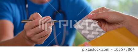 Pharmacist explains prescription to client with medicinal pills. 105575804