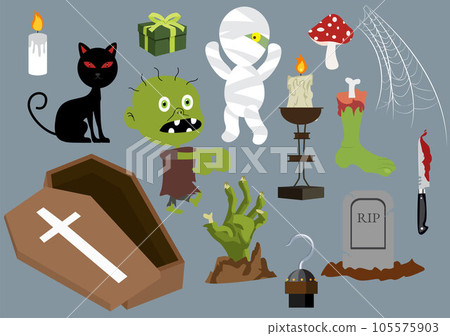 Set Halloween Elements Vector Illustration with Various Kinds of Things like Ghosts, Pumpkins, Skulls, Candies and More Cartoon Background Templates Set Halloween Elements Vector Illustration with Various Kinds of Things like Ghosts, Pumpkins, Skulls, Candies and More Cartoon Background Templates 105575903
