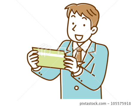 一個穿著西裝的年輕人很高興看到銀行存摺 一個穿著西裝的年輕人很高興看到銀行存摺 105575918