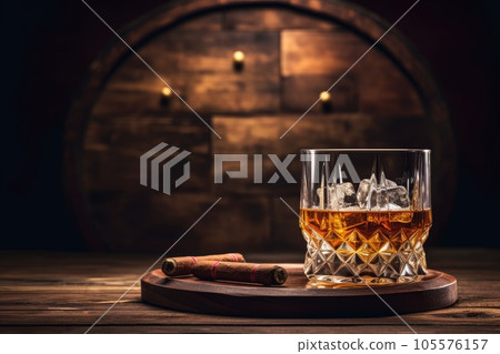 Whiskey glass and cigar on wooden table Whiskey glass and cigar on wooden table 105576157