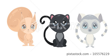 Vector set of cute animals. Cartoon kitten, squirrel and lemur isolated from background. Animistic children s collection Vector set of cute animals. Cartoon kitten, squirrel and lemur isolated from background. Animistic children s collection 105576229