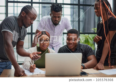 Group of students are discussing the university project 105576308