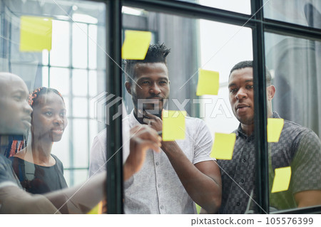 a team of young designers sticking notes on glass in a modern office 105576399