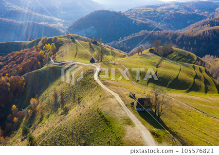 Aerial view of mountain homestead Aerial view of mountain homestead 105576821