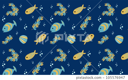 Seamless pattern ocean animals fish algae on a blue background Vector graphics banner template. Seamless pattern ocean animals fish algae on a blue background Vector graphics banner template. 105576947