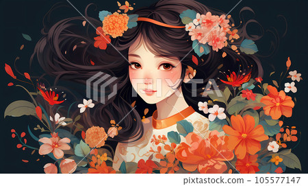 手绘卡通唯美的花丛中的中国女孩插画 105577147