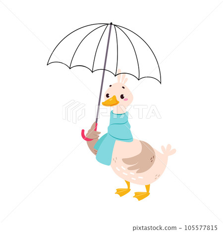 Funny Goose Character in Scarf Stand with Umbrella Vector Illustration Funny Goose Character in Scarf Stand with Umbrella Vector Illustration 105577815