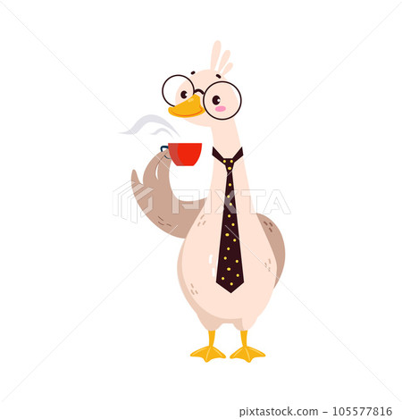 Funny Goose Character in Glasses and Tie Drink Coffee Vector Illustration Funny Goose Character in Glasses and Tie Drink Coffee Vector Illustration 105577816