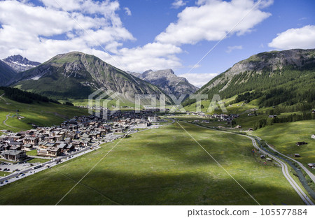 Livigno village ski and Bikepark valley in Valtellina, Lombardia, Italy Aerial view Drone panoramic view Livigno village ski and Bikepark valley in Valtellina, Lombardia, Italy Aerial view Drone panoramic view 105577884