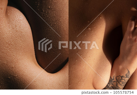 Close-up of tender female body with water drops. Elegance, tenderness and femininity. Female skin with shiver. Beauty Close-up of tender female body with water drops. Elegance, tenderness and femininity. Female skin with shiver. Beauty 105578754