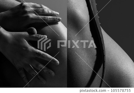 Grace and elegance. Close-up image of female different body parts. Tender touch. Monochrome photography. Black and white Grace and elegance. Close-up image of female different body parts. Tender touch. Monochrome photography. Black and white 105578755