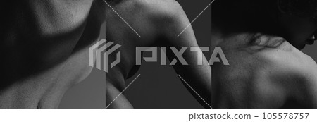 Creative vision on tender female body. Monochrome photography. Different female parts of body, back, hand and belly 105578757