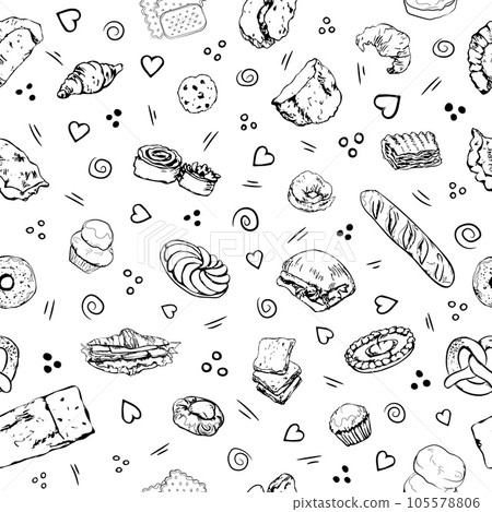 Bakery items black and white pattern with doodle elements 105578806
