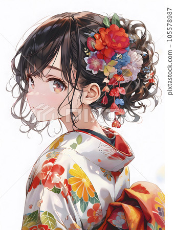 Illustration of a woman who looks good in a kimono (Generative AI) 105578987
