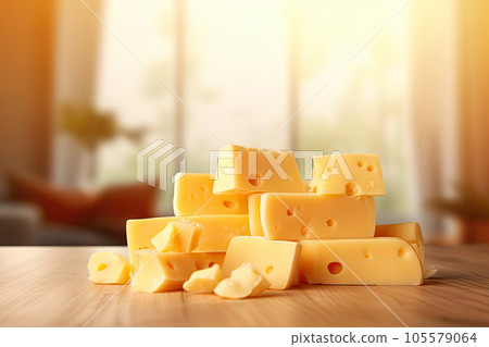 Various stack of cheese on wooden table and blurry natural light in the kitchen background, copy space for text, food and diet concept, with Generative Ai. Various stack of cheese on wooden table and blurry natural light in the kitchen background, copy space for text, food and diet concept, with Generative Ai. 105579064