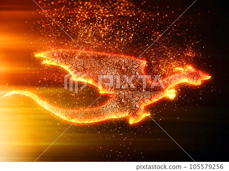 3d illustration of an abstract fire dragon flapping in the dark 105579256