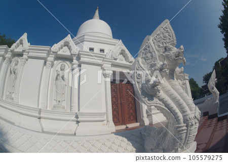 Stucco art pattern on the balcony wall The entrance to Phra Chedi Chai Mongkhon Si Dvaravati at Wat Pa Pathomchai. Located at Nakhon Pathom Province in Thailand. 105579275