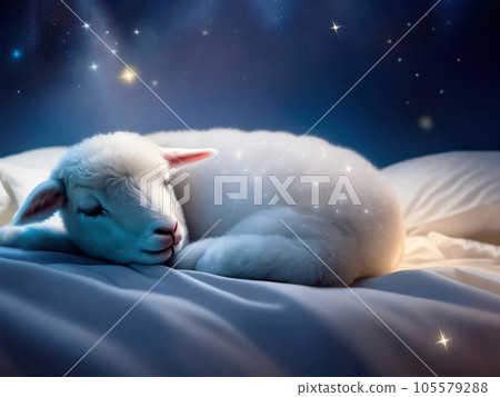 星空和可愛的小羊睡在床上。舒適的睡眠環境。人工智能一代 105579288