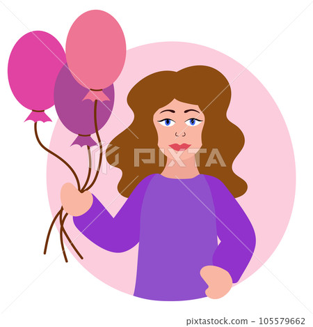 Birthday party woman. Girl holding balloons. Vector flat illustration Birthday party woman. Girl holding balloons. Vector flat illustration 105579662