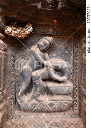 Erotic carvings on Hindu temples in Kathmandu, Nepal 105579684