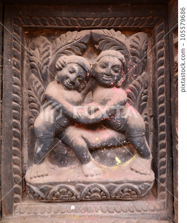 Erotic carvings on Hindu temples in Kathmandu, Nepal 105579686