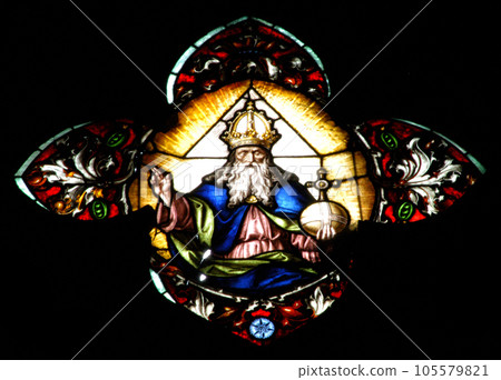 Stained glass window detail with Biblical scene 105579821