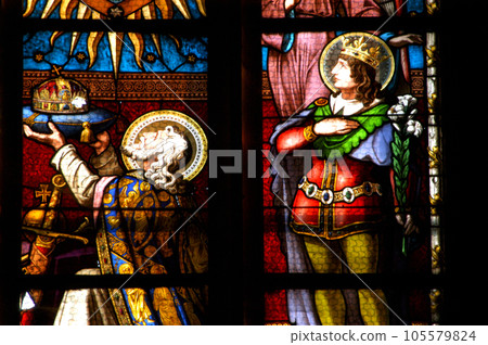 Stained glass window detail with Biblical scene Stained glass window detail with Biblical scene 105579824