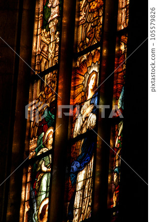Stained glass window detail with Biblical scene Stained glass window detail with Biblical scene 105579826