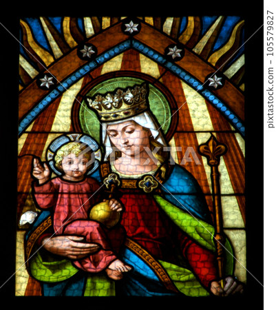 Stained glass window detail with Biblical scene Stained glass window detail with Biblical scene 105579827