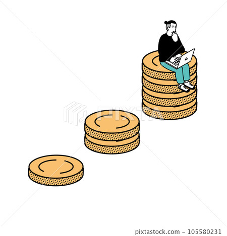 一個人坐在硬幣上使用電腦的等距構圖 105580231