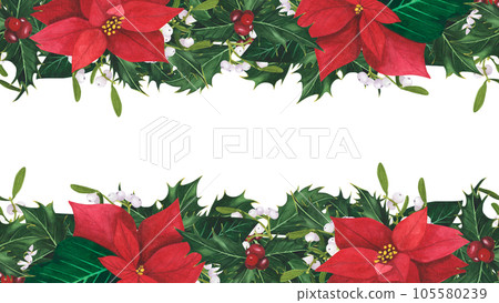 Seamless Border garland with Christmas holly leaves berries, poinsettia, mistletoe isolated on white background. Watercolor hand drawn borders. Illustration for design decoration, greeting card 105580239