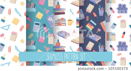Set of school seamless patterns digital paper. Office stationery in doodle hand drawn style for design. 105580378