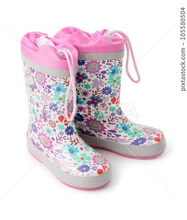 Children's rubber boots in flowers. A pair of shoes on a white background. 105580504
