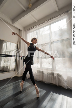 A beautiful Asian ballerina is training in a dance class. Vertical photo. A beautiful Asian ballerina is training in a dance class. Vertical photo. 105580529