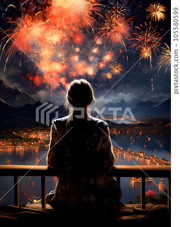 woman looking up at fireworks 105580599