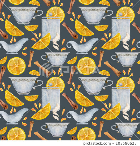 Hand drawn watercolor teaware, tea lemon, dishes crockery porcelain, hot beverage. Seamless pattern isolated on white background. For invitations, cafe, restaurant food menu, print, website, cards 105580625