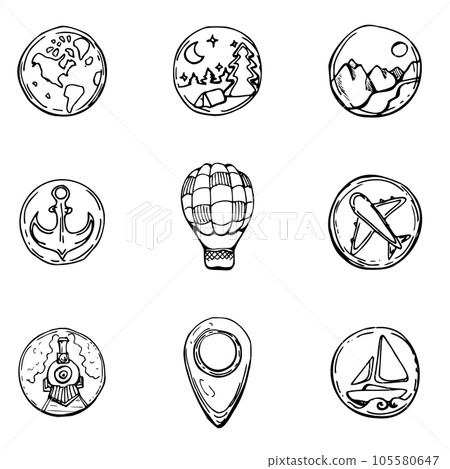Ink hand drawn vector sketch of isolated object. Set of icons badges pins transport, hiking camping nature, location cursor. Design for tourism, travel, brochure, wedding, guide, print, card, tattoo. 105580647