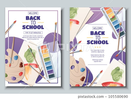 Set of flyer template with palette of paints, brushes, and paper. School time, back to school, education. Flyer, poster, banner size a 4 Set of flyer template with palette of paints, brushes, and paper. School time, back to school, education. Flyer, poster, banner size a 4 105580690