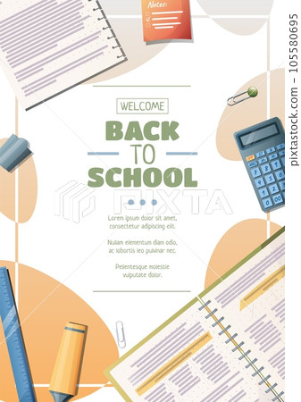 Set of flyer template with notebook with calculator and pencil. School time, back to school, education. Flyer, poster, banner size a 4 105580695