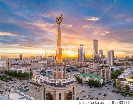 Yekaterinburg City Administration or City Hall, Central square and Yekaterinburg City Towers at summer evening. Evening city in the summer, Aerial View. Yekaterinburg City Administration or City Hall, Central square and Yekaterinburg City Towers at summer evening. Evening city in the summer, Aerial View. 105580920