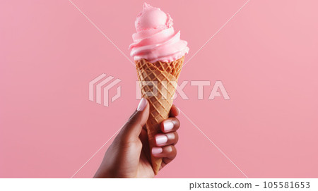 Hand-holding strawberry ice cream cone in pink faded pastel color 105581653