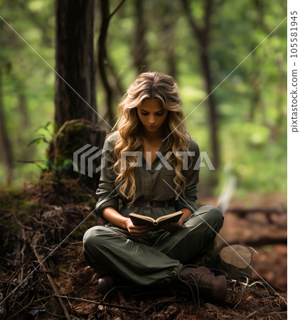 A girl is reading a book in the forest,... - Stock Illustration ...